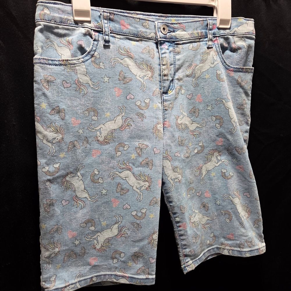 No Boundaries Y2K Unicorn Rainbow Print Bermuda Jean Cotton Stretch Shorts SZ L